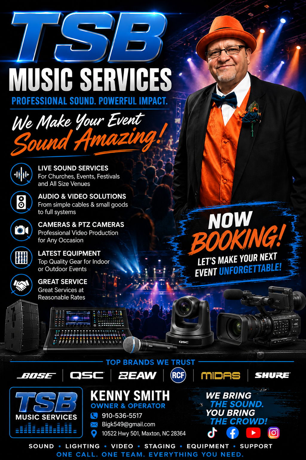 TSB Music Services promotional flyer showing professional event sound and video equipment